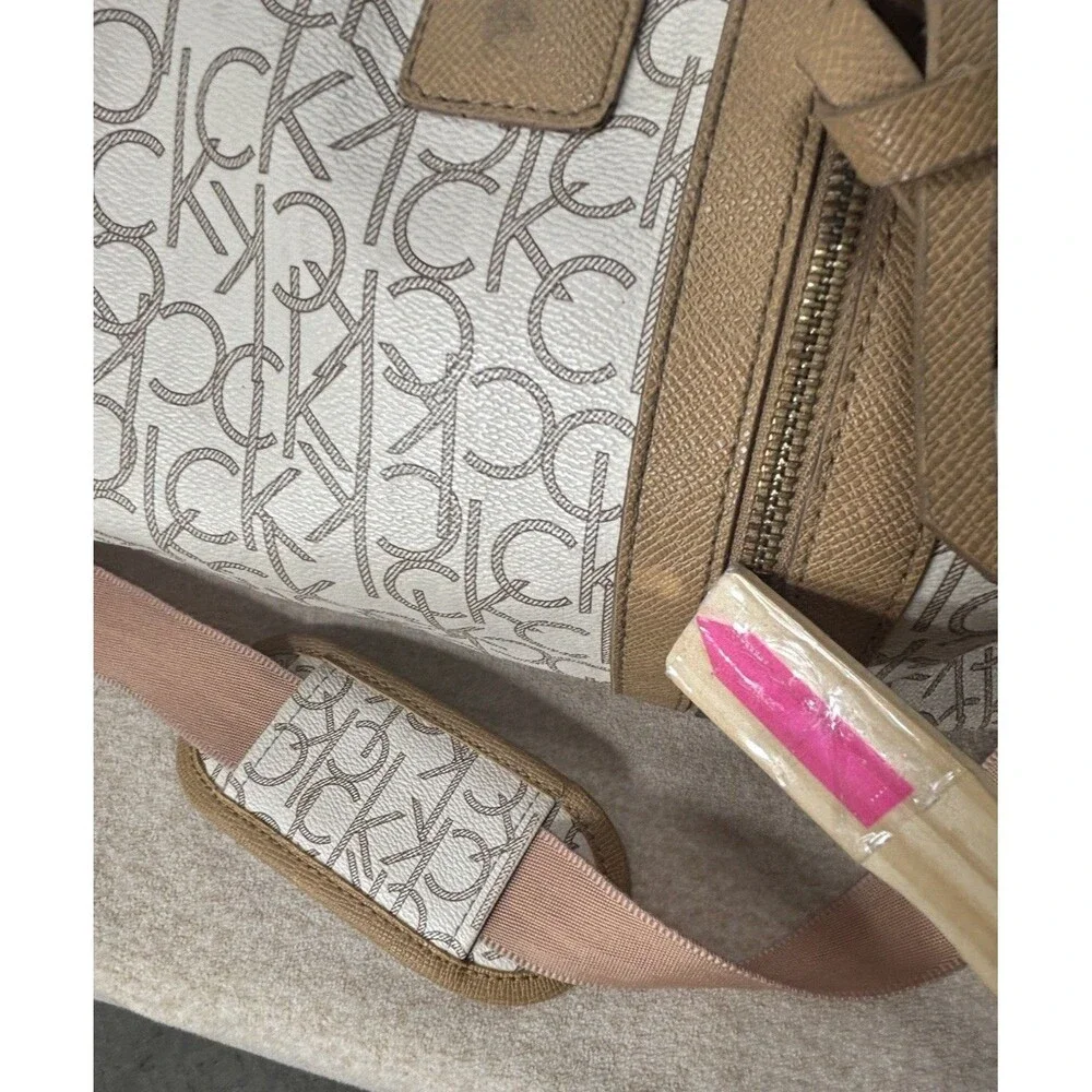 Calvin Klein Travel Weekender Duffle Bag All Over Logo Eggshell Beige Large 21”